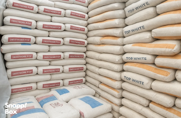 A construction supply shop with various bags of cement stacked on top of each other