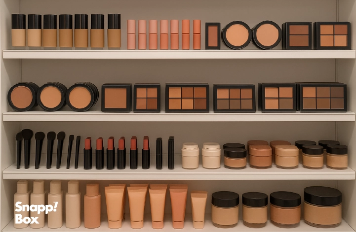Four shelves containing different kinds of cosmetics, such as powder, brushes, etc.