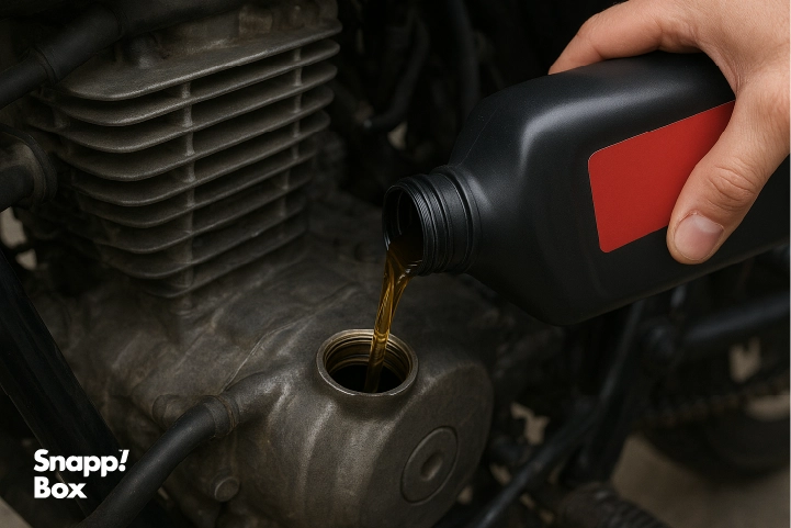 A hand pouring motorcycle oil into an engine