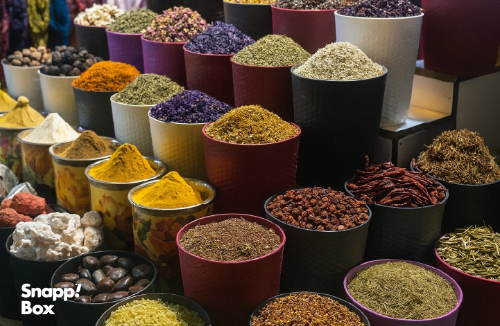 An herbal shop and natural products store with multiple colorful herbs and powders