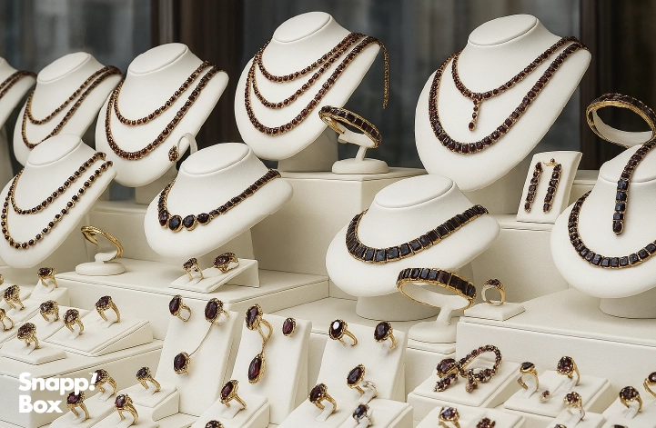 A jewelry shop window with different accessories