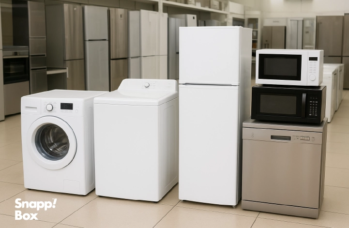 Different home appliances, such as microwave and refrigerator, in a shop
