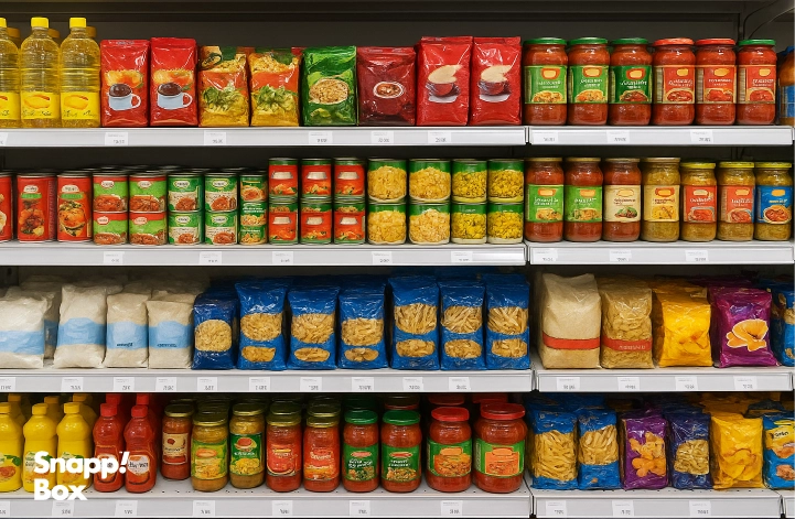 Local supermarket shelf filled with canned food, pasta, and oil