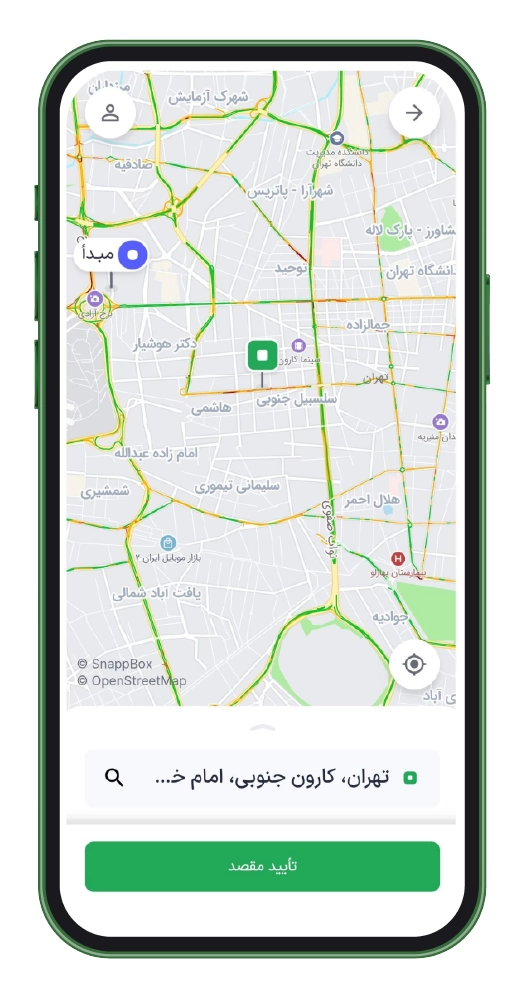 Smartphone screen displaying map page in the Snapp! Box app