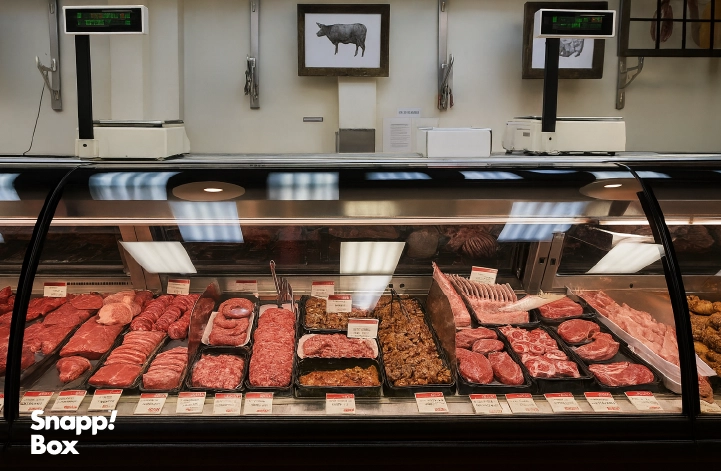 A refrigerator in a meat and protein shop with different kinds of meat