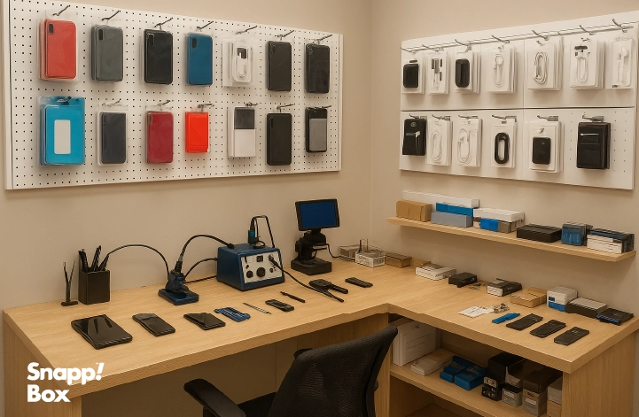 An electronic repairs shop with several phone cases and cables hanged on the wall and phones in need of repair on a table