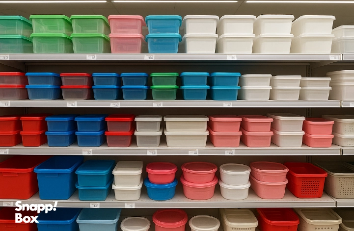 Shelves in a plastic goods store holding several plastic containers