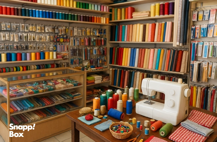 A sewing supplies shop filled with colorful threads, with a sewing machine placed on a table