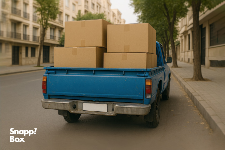 وانت سنگین آبی با چند جعبه در عقب آن