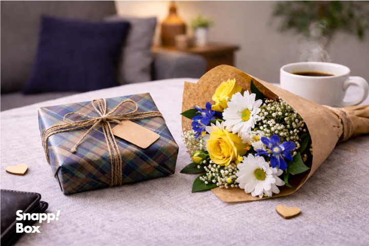 یک کادو و دسته گل روی یک میز