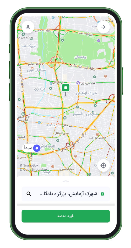 مبدا و مقصد روی نقشه‌ در اپلیکیشن اسنپ‌باکس