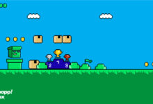 تصویری پیکسلی و الهامگرفته از بازی قارچخور، شامل سکوی رتبهبندی با سه جام طلا، نقره و برنز، جعبههای کارتنی، سکههای طلایی، پسزمینهی آسمان آبی با ابرها